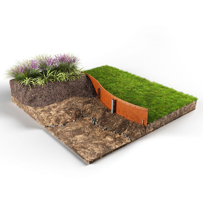 240mm Straightcurve garden edging in corten in a cutaway shot to show how it looks in use in a garden bed