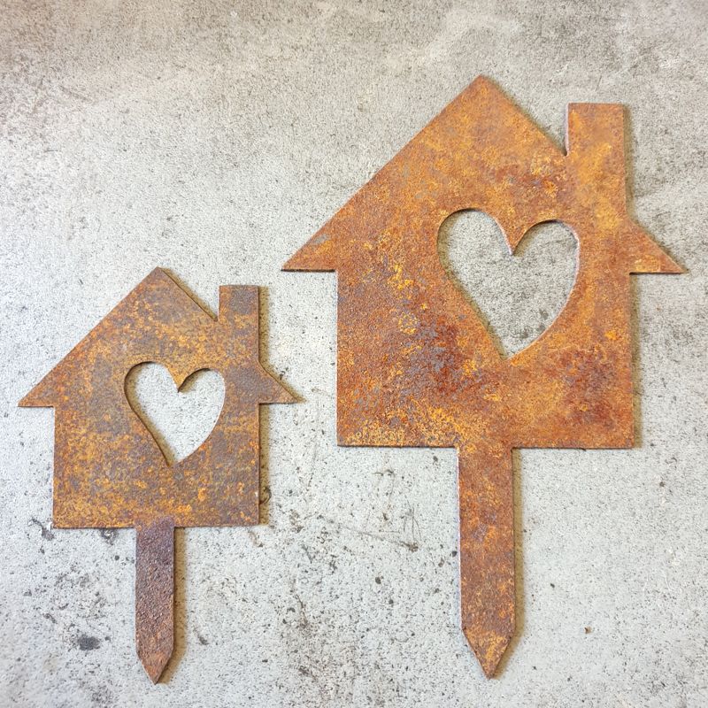 House with Heart garden stake corten cut out