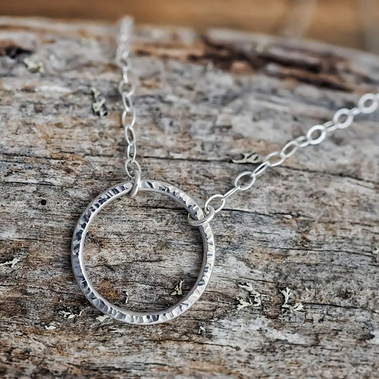 Small Minimalist Hammered Sterling Silver Circle Necklace